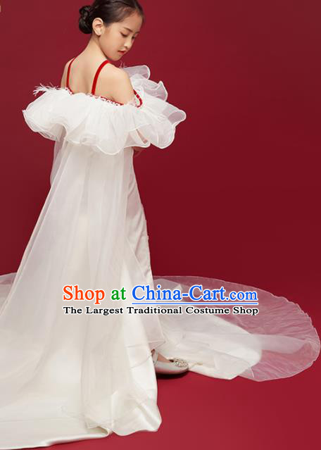 High Quality Piano Performance Clothing Stage Show Full Dress Girl Catwalks Fashion Children White Trailing Dress