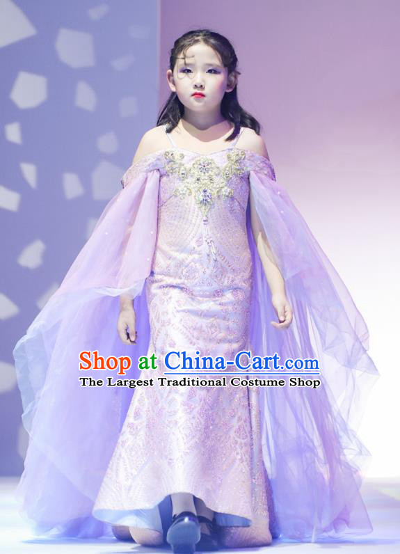 High Quality Children Purple Trailing Dress Piano Performance Clothing Stage Show Full Dress Girl Catwalks Fashion