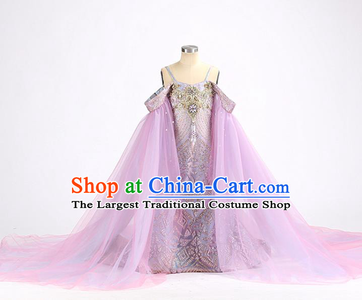 High Quality Children Purple Trailing Dress Piano Performance Clothing Stage Show Full Dress Girl Catwalks Fashion