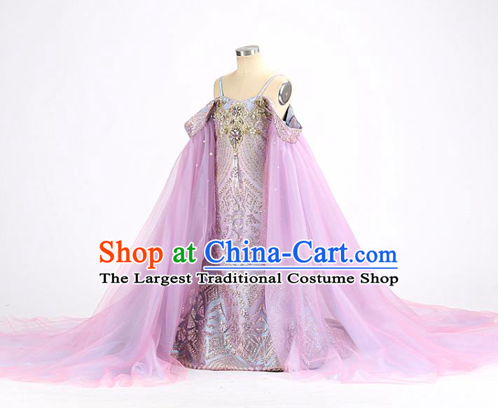 High Quality Children Purple Trailing Dress Piano Performance Clothing Stage Show Full Dress Girl Catwalks Fashion