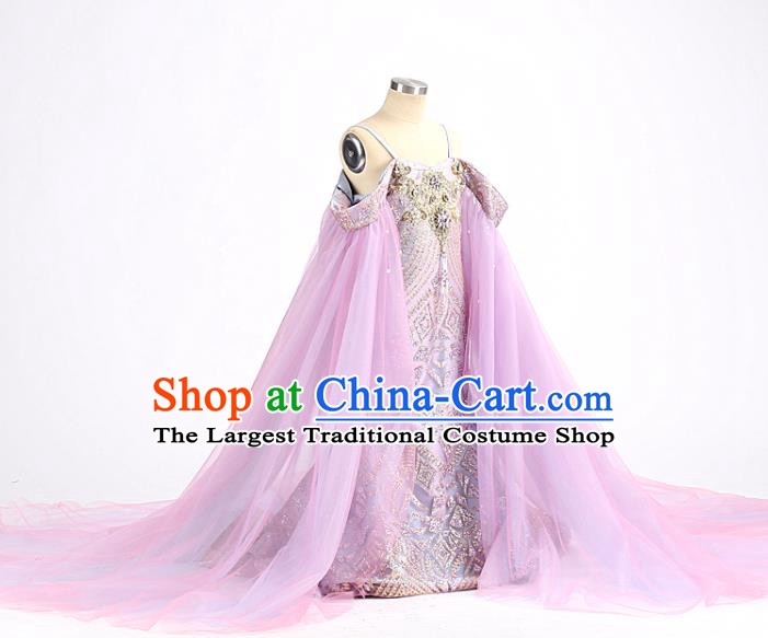 High Quality Children Purple Trailing Dress Piano Performance Clothing Stage Show Full Dress Girl Catwalks Fashion