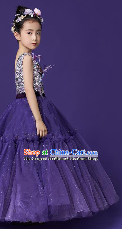 High Quality Girl Catwalks Purple Veil Full Dress Children Dancewear Chorus Compere Clothing Stage Show Fashion Dress