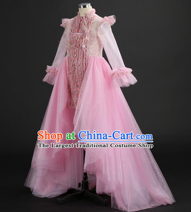 Custom Children Dancewear Girl Compere Fashion Clothing Stage Show Trailing Dress Catwalks Pink Veil Full Dress