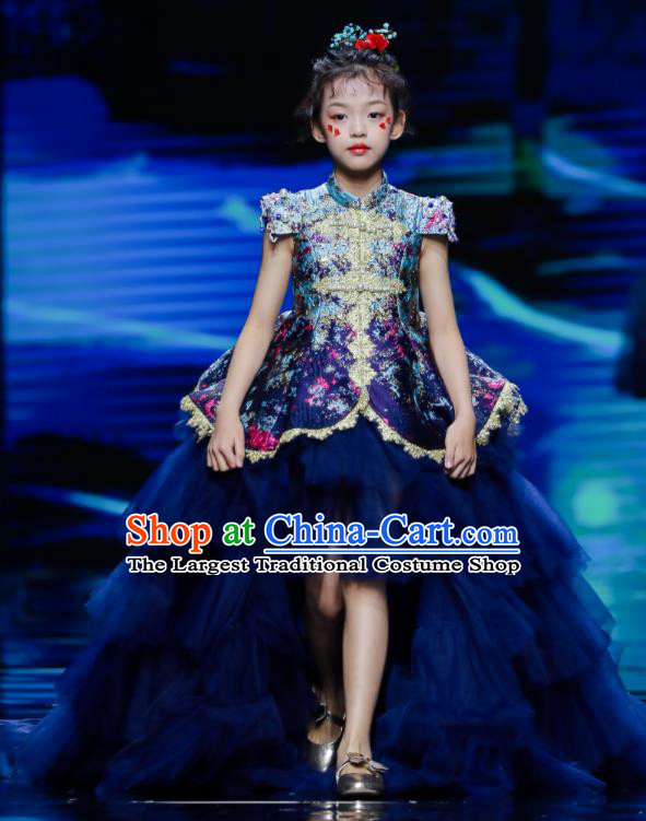 High Kid Birthday Trailing Full Dress Children Catwalks Navy Veil Dress Girl Stage Show Clothing Compere Garment Costume