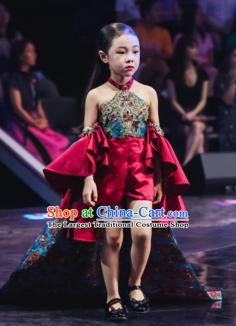 High Compere Garment Costume Kid Performance Full Dress Children Catwalks Uniforms Girl Stage Show Trailing Clothing