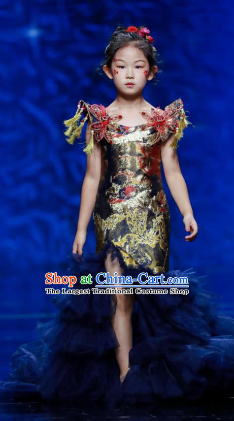 High Children Catwalks Trailing Dress Girl Stage Show Clothing Compere Garment Costume Kid Birthday Full Dress