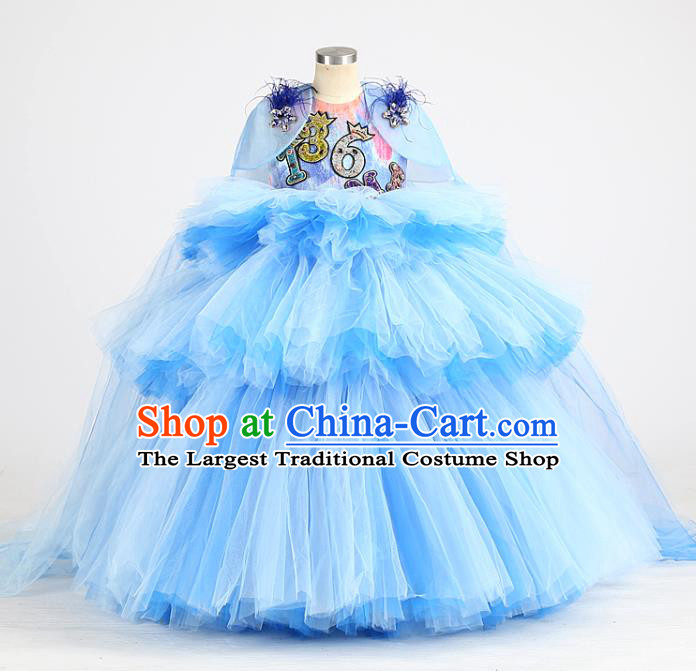 High Stage Show Full Dress Children Birthday Blue Veil Dress Girl Catwalks Clothing Compere Garment Costume