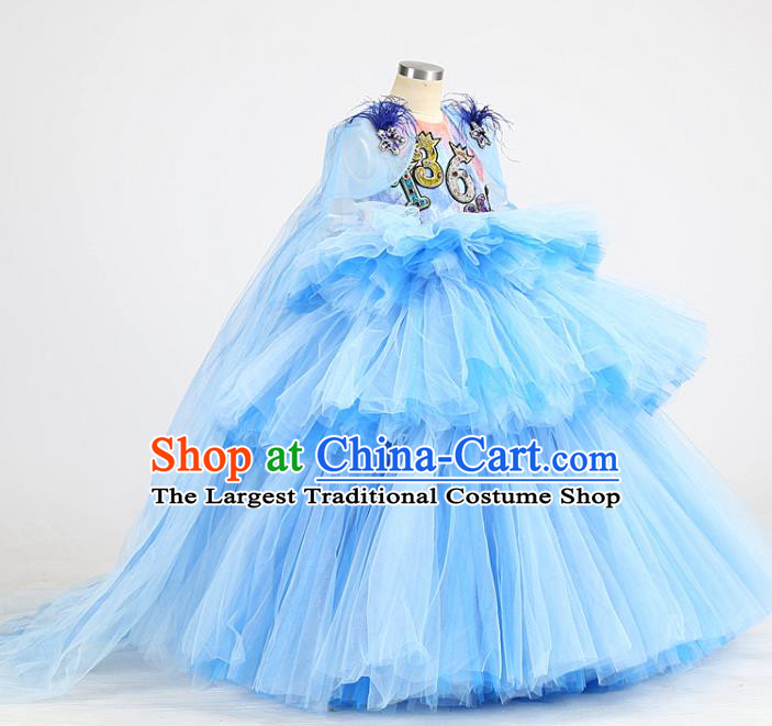 High Stage Show Full Dress Children Birthday Blue Veil Dress Girl Catwalks Clothing Compere Garment Costume