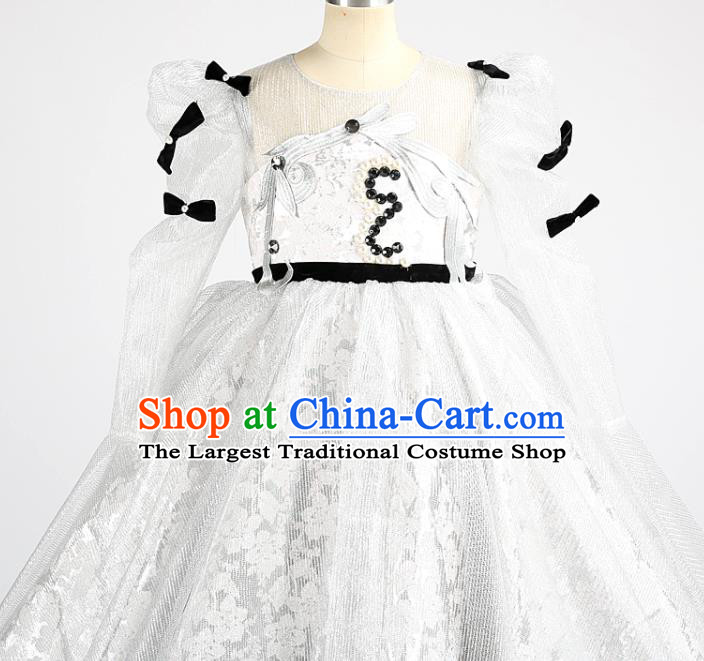 High Kid Performance Full Dress Children Catwalks White Trailing Dress Girl Stage Show Clothing Chorus Garment Costume