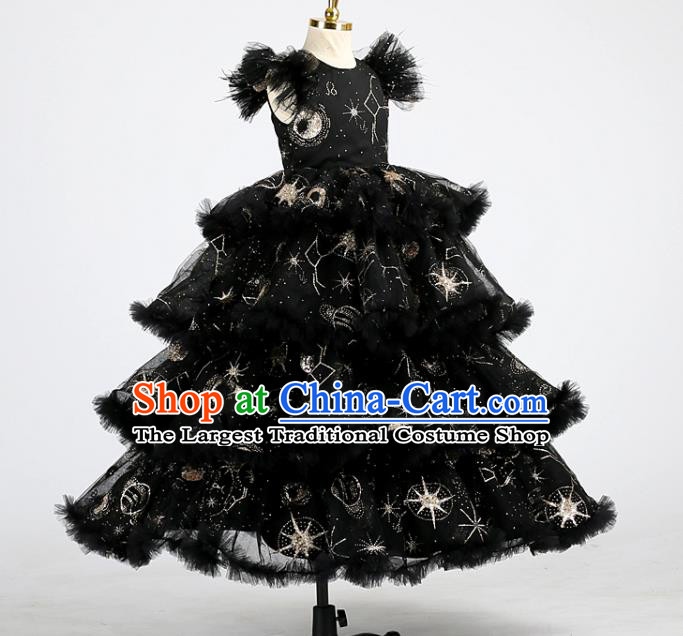 High Girl Catwalks Clothing Children Performance Black Dress Baby Compere Garment Costume Stage Show Full Dress