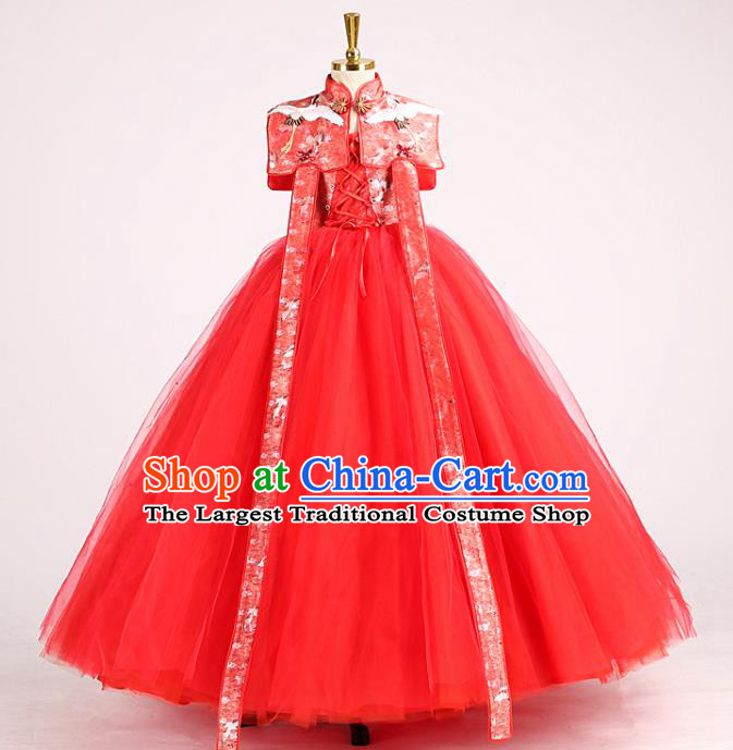 High Stage Show Red Veil Full Dress Girl Chorus Performance Clothing Children Compere Dress Catwalks Garment Costume