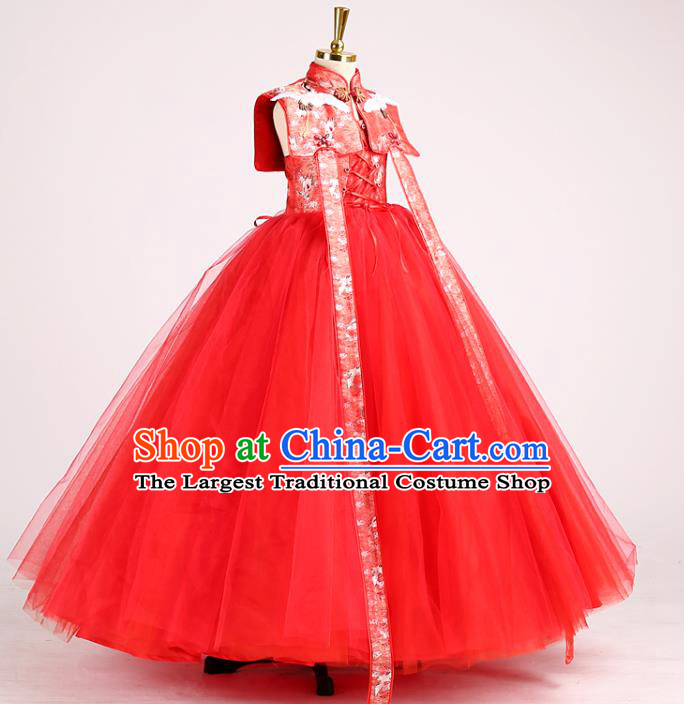 High Stage Show Red Veil Full Dress Girl Chorus Performance Clothing Children Compere Dress Catwalks Garment Costume