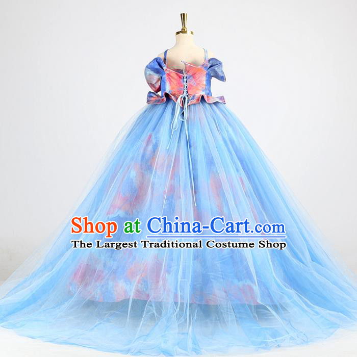 High Girl Model Performance Clothing Children Compere Garments Catwalks Formal Costume Stage Show Blue Veil Full Dress