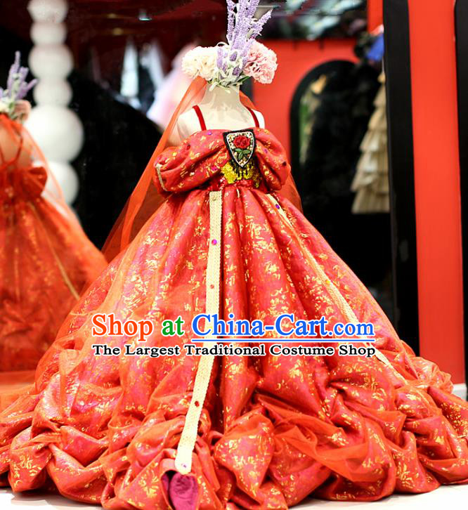 High Children Performance Garments Girl Princess Formal Costume Stage Show Red Trailing Full Dress Kid Catwalks Clothing