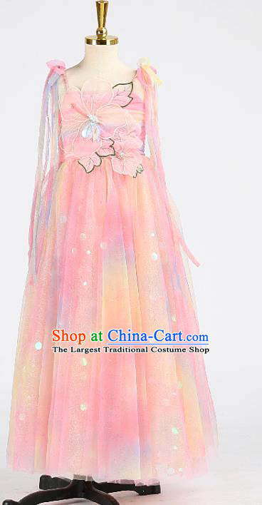 High Kid Catwalks Clothing Children Performance Garments Girl Flower Fairy Formal Costume Stage Show Pink Full Dress