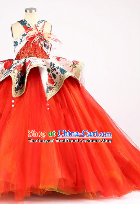 High Stage Show Princess Full Dress Kid Catwalks Clothing Children Performance Veil Dress Girl Compere Costume
