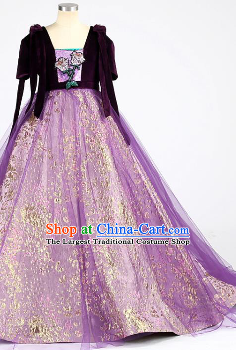 High Girl Compere Costume Stage Show Princess Full Dress Kid Catwalks Clothing Children Performance Purple Trailing Dress