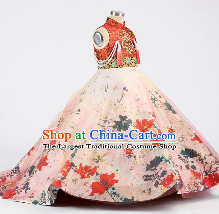 High China Stage Show Full Dress Kid Catwalks Fashion Children Performance Printing Trailing Dress Girl Compere Clothing