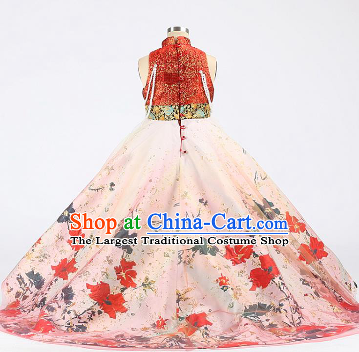 High China Stage Show Full Dress Kid Catwalks Fashion Children Performance Printing Trailing Dress Girl Compere Clothing
