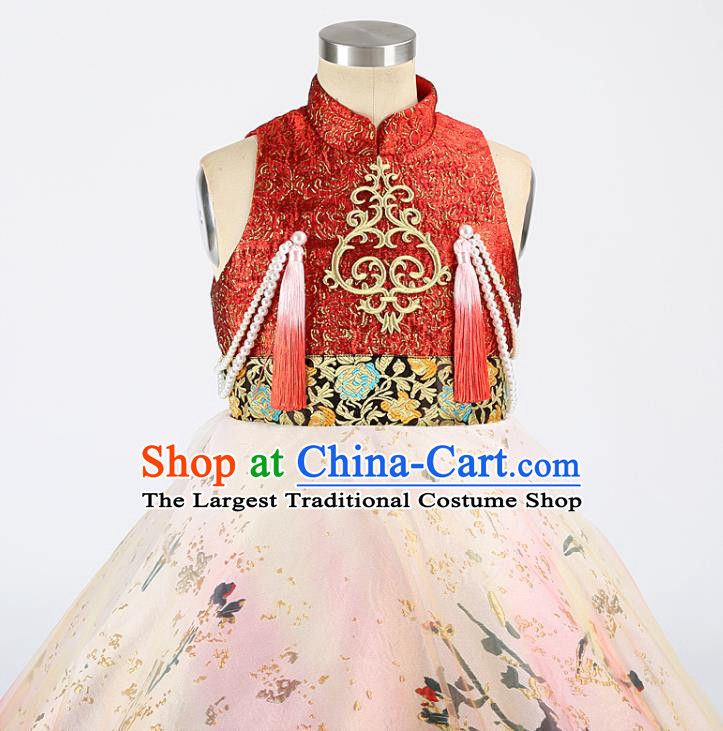 High China Stage Show Full Dress Kid Catwalks Fashion Children Performance Printing Trailing Dress Girl Compere Clothing