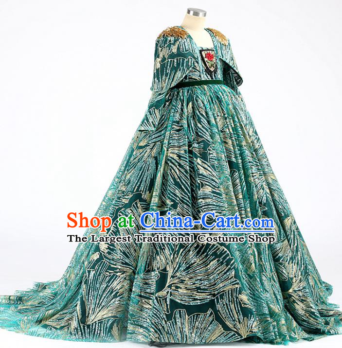 High Stage Show Baroque Full Dress Girl Catwalks Fashion Children Performance Green Trailing Dress Compere Clothing