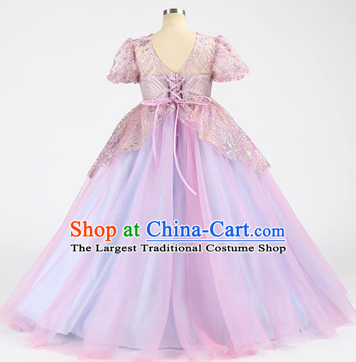 High Compere Clothing Stage Show Princess Full Dress Girl Catwalks Fashion Children Performance Purple Veil Dress