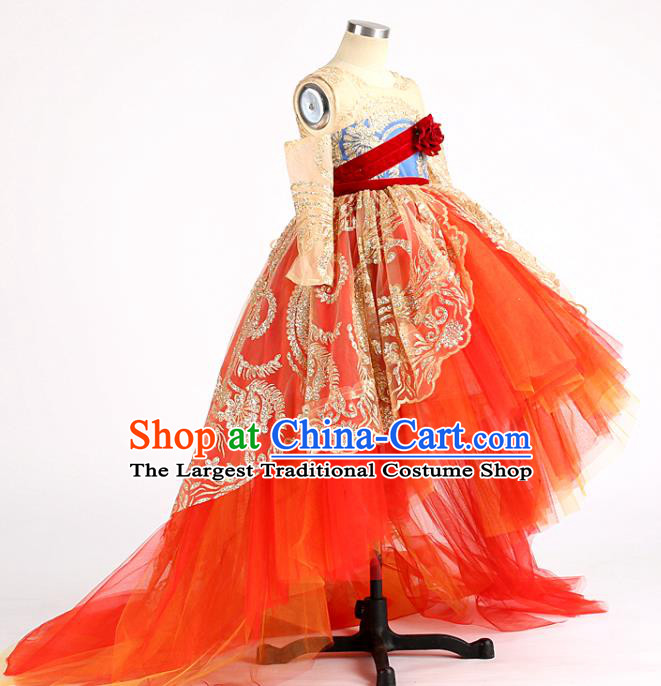High Children Chorus Performance Red Dress Baroque Compere Clothing Stage Show Princess Full Dress Girl Catwalks Fashion