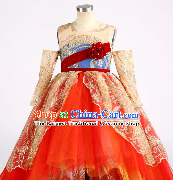 High Children Chorus Performance Red Dress Baroque Compere Clothing Stage Show Princess Full Dress Girl Catwalks Fashion