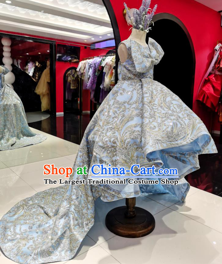 High Stage Show Trailing Full Dress Girl Catwalks Fashion Children Compere Performance Dress Baroque Princess Clothing
