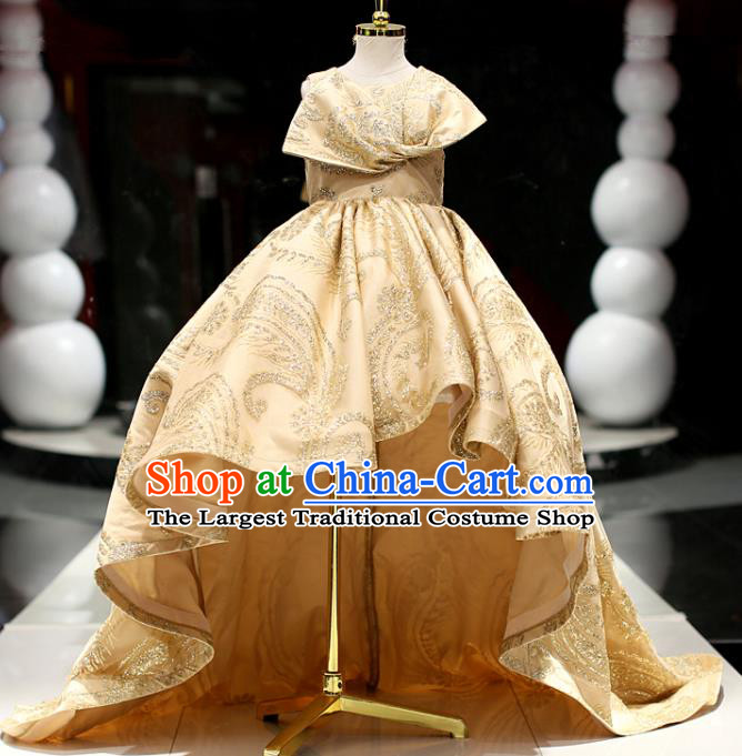 High Baroque Princess Clothing Stage Show Trailing Full Dress Girl Catwalks Fashion Children Compere Performance Golden Dress