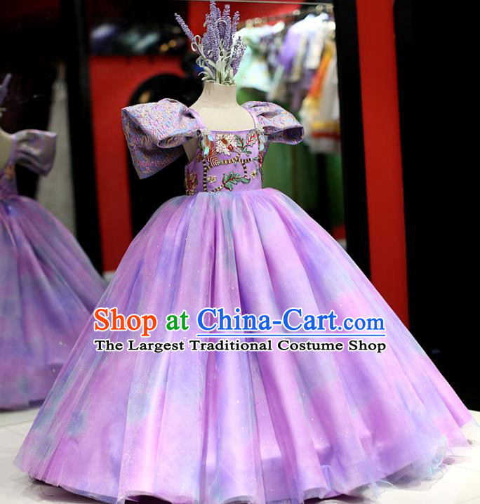 High Girl Catwalks Performance Fashion Children Compere Purple Dress Baroque Princess Clothing Stage Show Full Dress
