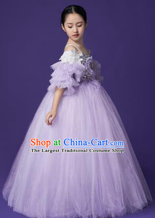High Piano Performance Clothing Stage Show Full Dress Girl Catwalks Fashion Children Compere Purple Veil Dress