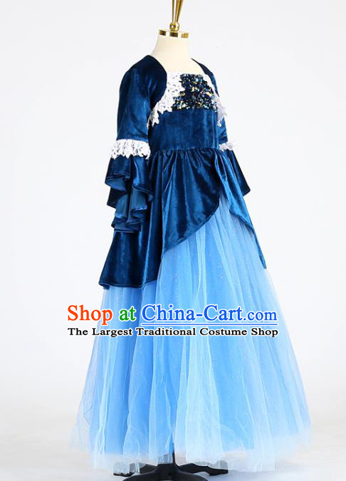 High Children Compere Garments Compere Formal Costume Stage Show Blue Velvet Full Dress Girl Catwalks Clothing