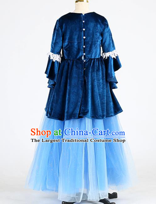 High Children Compere Garments Compere Formal Costume Stage Show Blue Velvet Full Dress Girl Catwalks Clothing