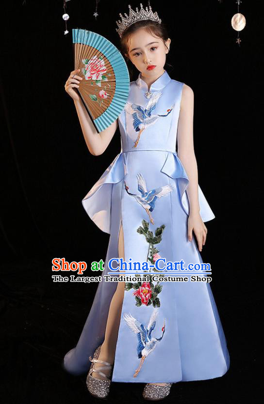 China Embroidered Blue Dress Girl Catwalks Clothing Stage Performance Garment Costume Children Qipao Dress