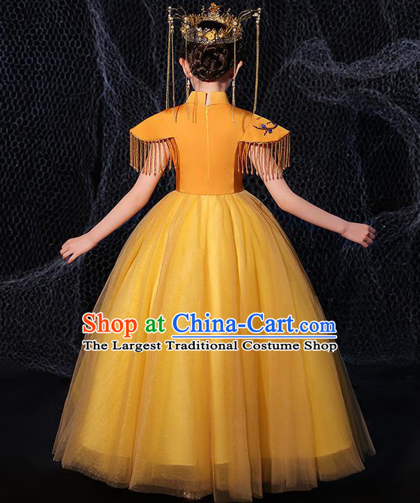 China Children Dance Wear Embroidered Yellow Dress Girl Catwalks Clothing Stage Performance Garment Costume