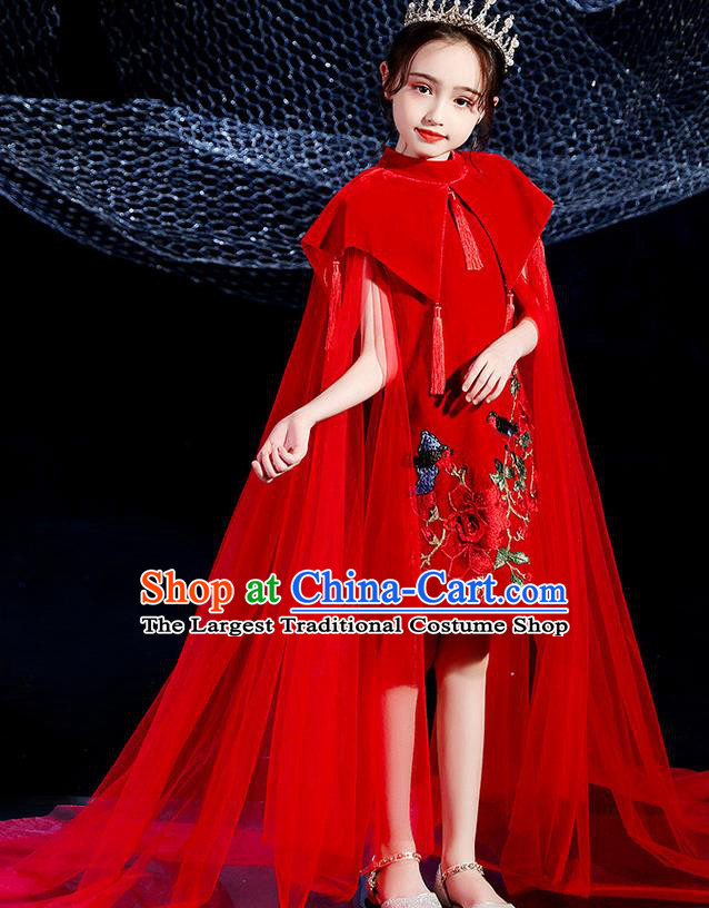 China Girl Catwalks Clothing Stage Performance Garment Costume Children Dance Wear Embroidered Red Dress