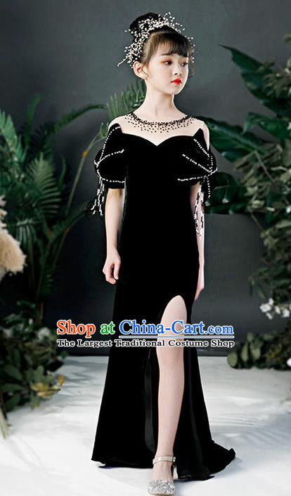 Custom Girl Compere Fashion Clothing Stage Show Black Velvet Dress Catwalks Full Dress Children Dancewear