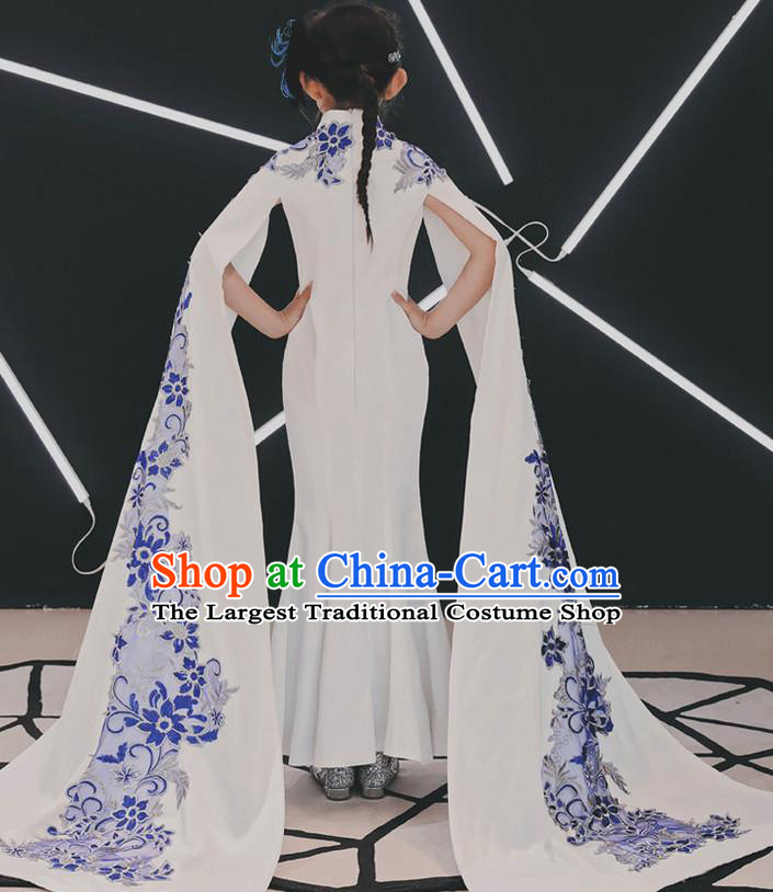 China Children Classical Dance Embroidered Qipao Dress Compere Trailing Dress Girl Catwalks Clothing Stage Performance Garment Costume