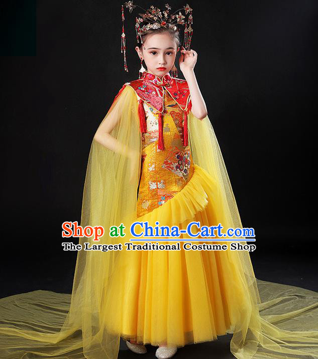 China Compere Garment Costume Girl Catwalks Yellow Formal Dress Stage Performance Clothing Children Classical Uniforms