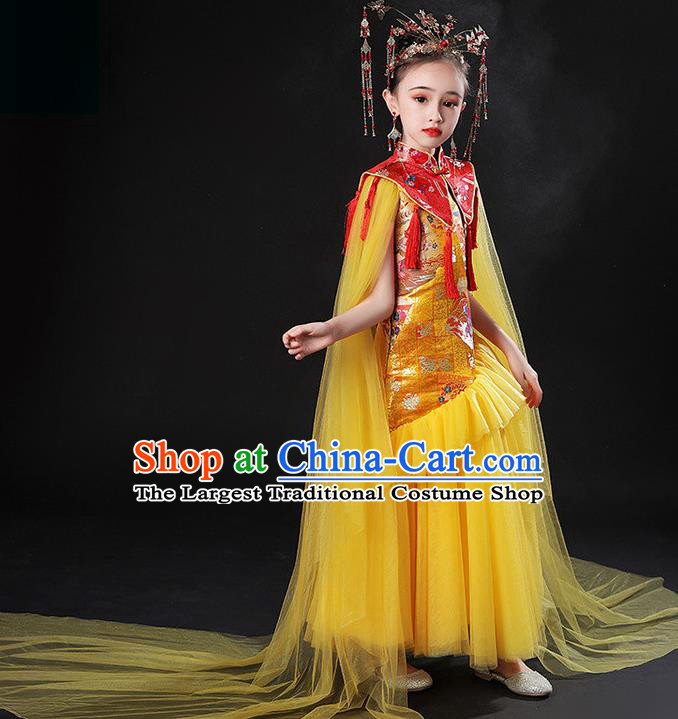 China Compere Garment Costume Girl Catwalks Yellow Formal Dress Stage Performance Clothing Children Classical Uniforms
