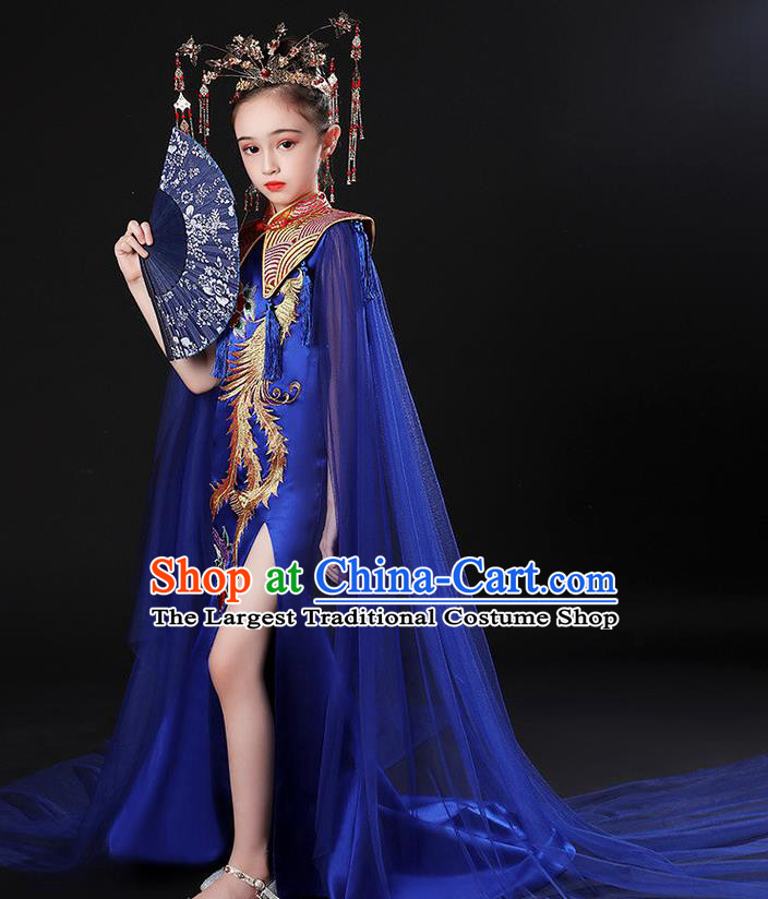 China Stage Performance Clothing Children Classical Embroidered Phoenix Royalblue Uniforms Compere Garment Costume Girl Catwalks Formal Dress