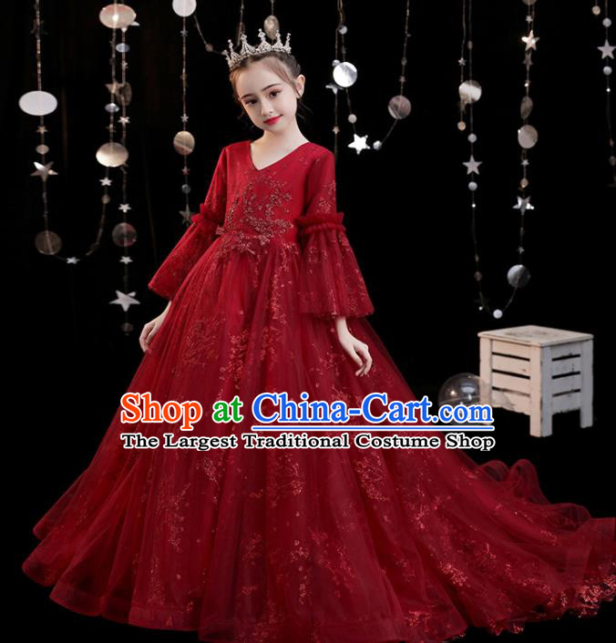 Custom Compere Fashion Clothing Girl Stage Show Red Trailing Dress Catwalks Full Dress Children Birthday Garment