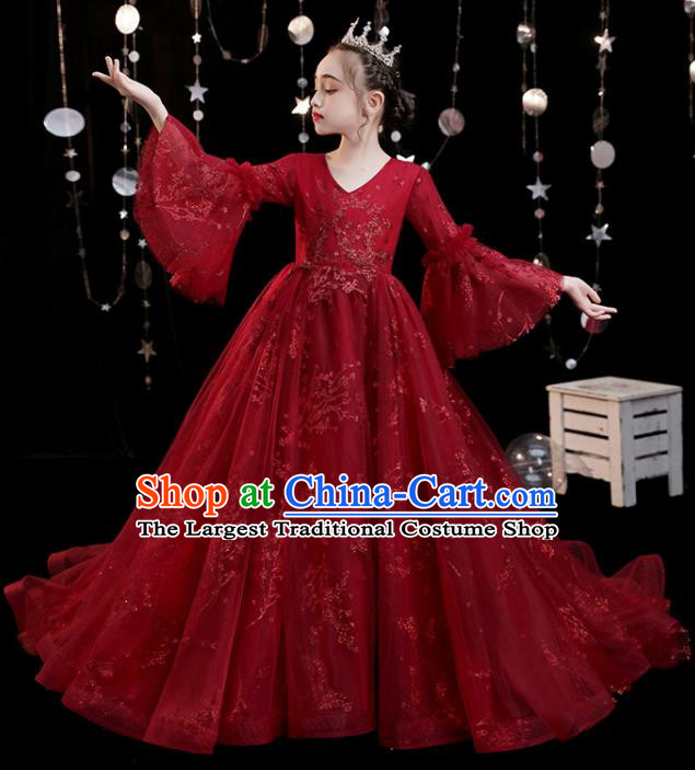 Custom Compere Fashion Clothing Girl Stage Show Red Trailing Dress Catwalks Full Dress Children Birthday Garment