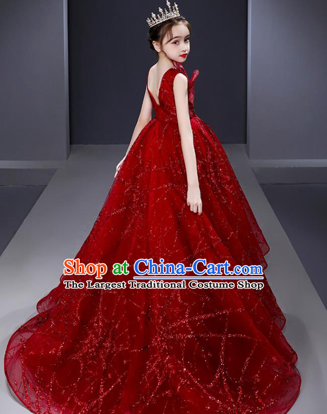 Custom Children Birthday Garment Compere Fashion Clothing Girl Stage Show Red Trailing Dress Catwalks Full Dress