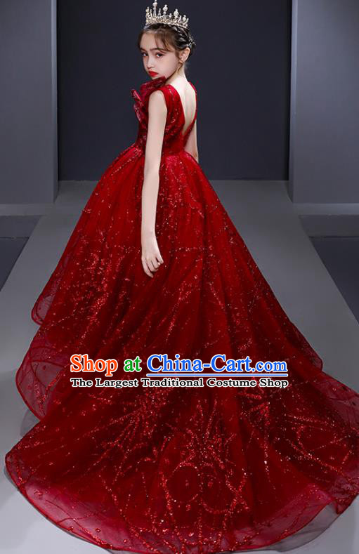 Custom Children Birthday Garment Compere Fashion Clothing Girl Stage Show Red Trailing Dress Catwalks Full Dress