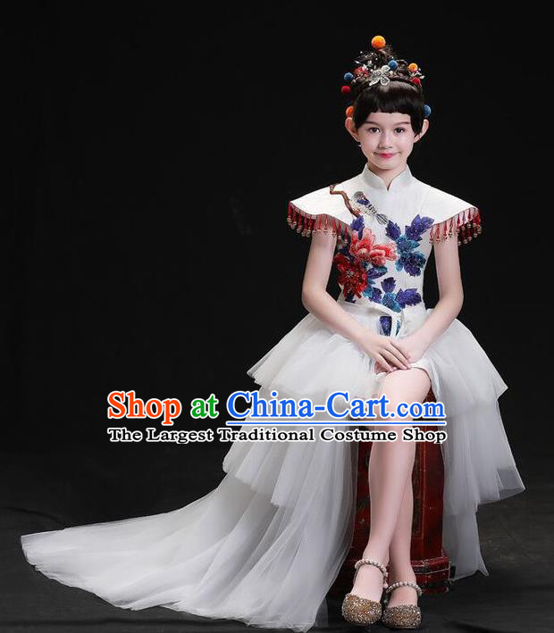 China Compere Garment Costumes Girl Catwalks Fashion Stage Performance Clothing Children White Veil Trailing Dress Uniforms