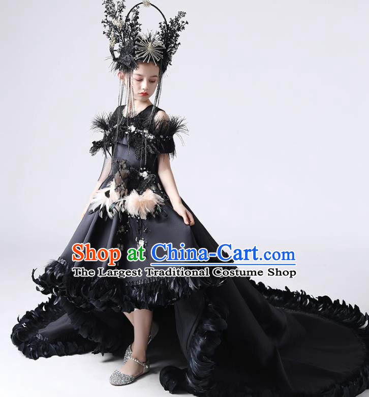 Custom Children Catwalks Trailing Full Dress Birthday Garment Compere Fashion Clothing Girl Stage Show Black Dress