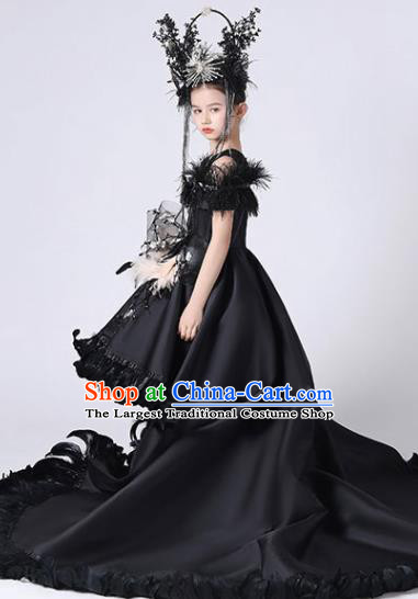 Custom Children Catwalks Trailing Full Dress Birthday Garment Compere Fashion Clothing Girl Stage Show Black Dress
