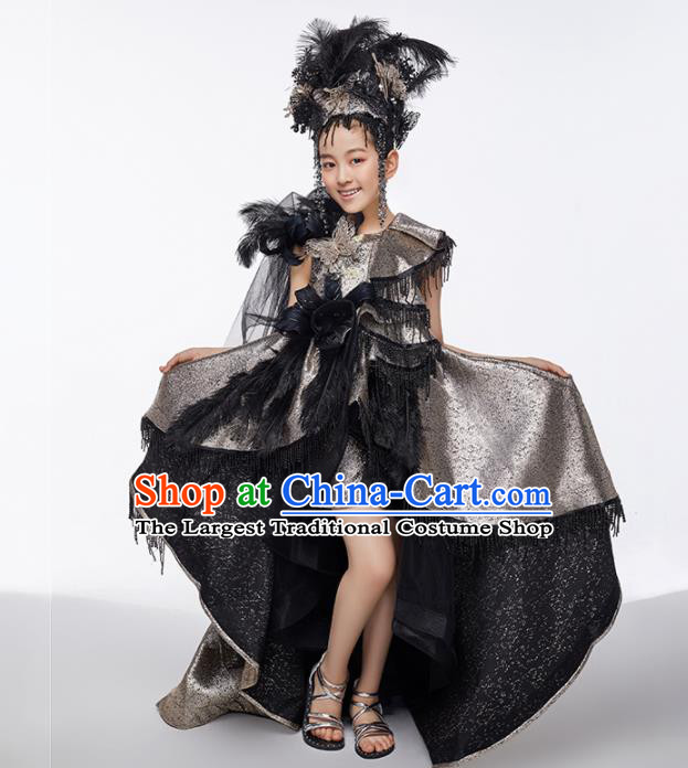 Custom Girl Stage Show Black Dress Children Catwalks Full Dress Baroque Birthday Garment Compere Fashion Clothing